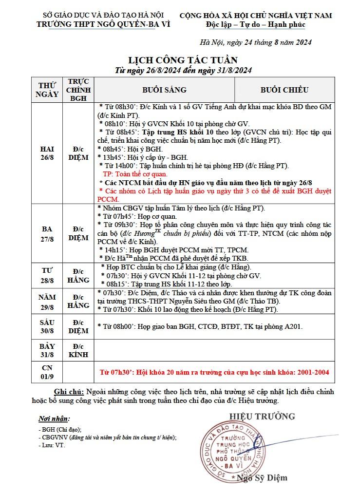 LỊCH CÔNG TÁC TUẦN Từ ngày 26/8/2024 đến ngày 31/8/2024