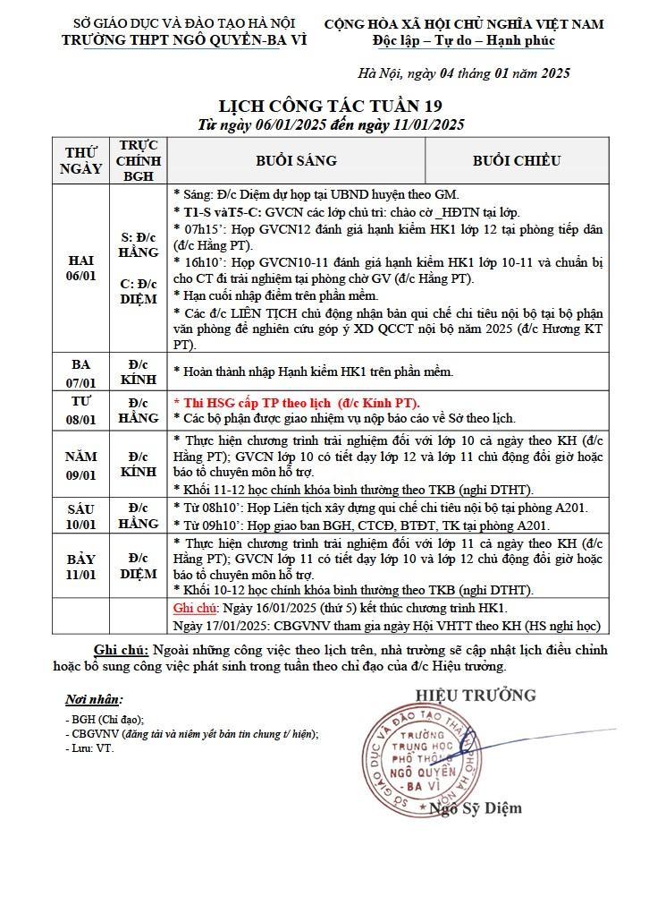 LỊCH CÔNG TÁC TUẦN 19 Từ ngày 06/01/2025 đến ngày 11/01/2025