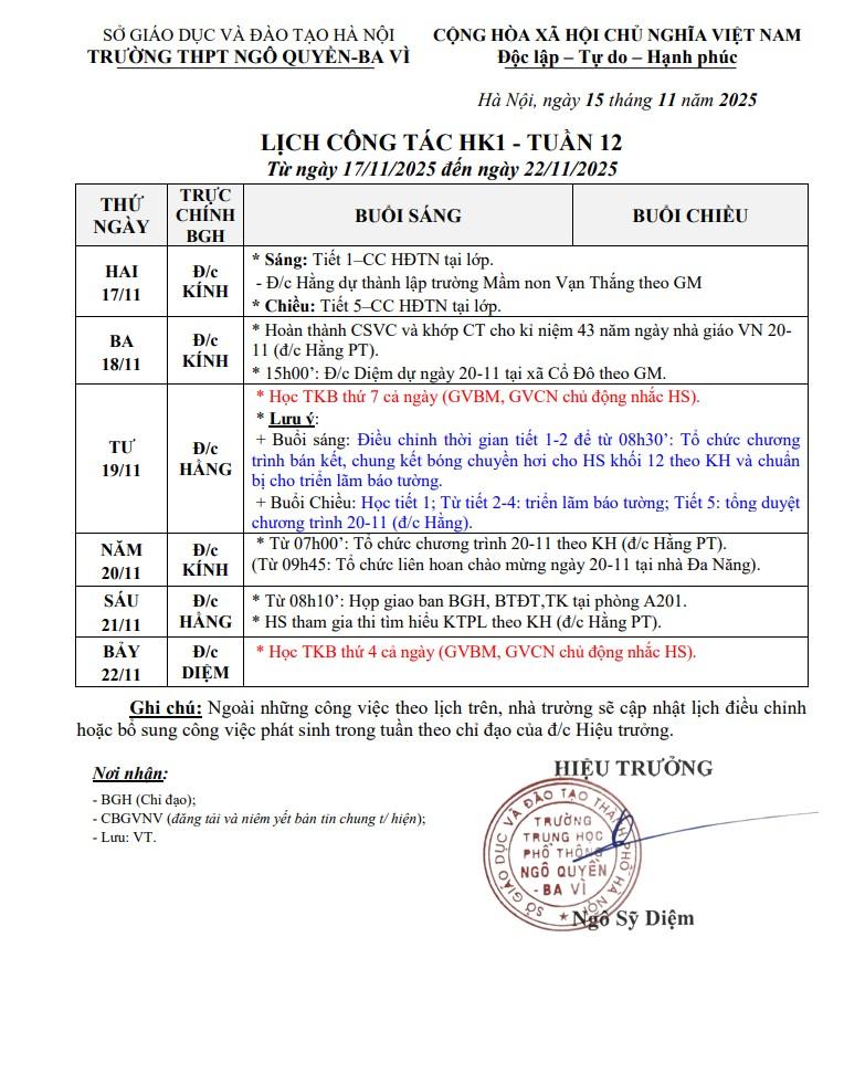 LỊCH CÔNG TÁC HK1 - TUẦN 12 Từ ngày 17/11/2025 đến ngày 22/11/2025