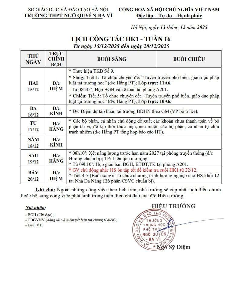 LỊCH CÔNG TÁC HK1 - TUẦN 16 Từ ngày 15/12/2025 đến ngày 20/12/2025