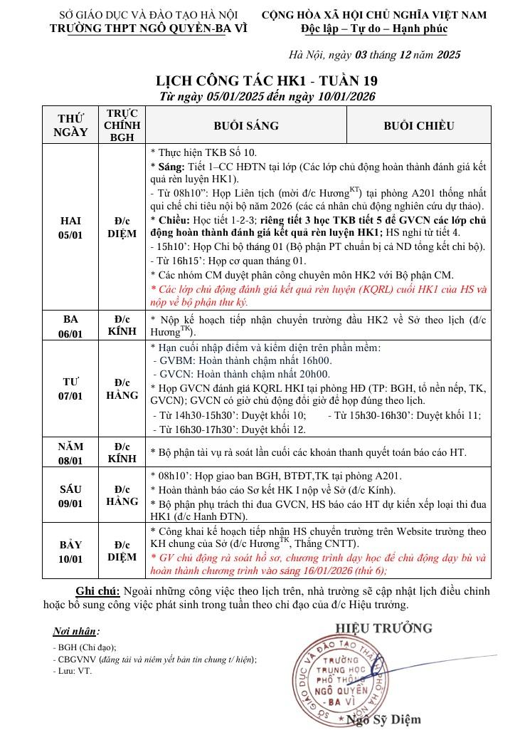 LỊCH CÔNG TÁC HK1 - TUẦN 19  Từ ngày 05/01/2025 đến ngày 10/01/2026