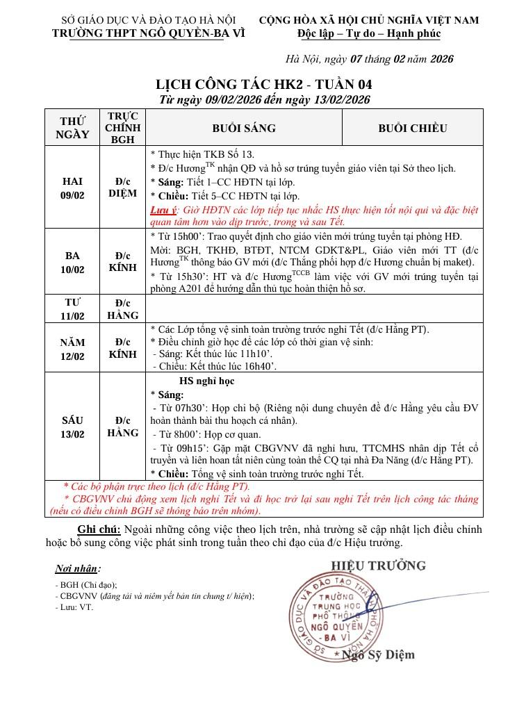 LỊCH CÔNG TÁC HK2 - TUẦN 04  Từ ngày 09/02/2026 đến ngày 13/02/2026 