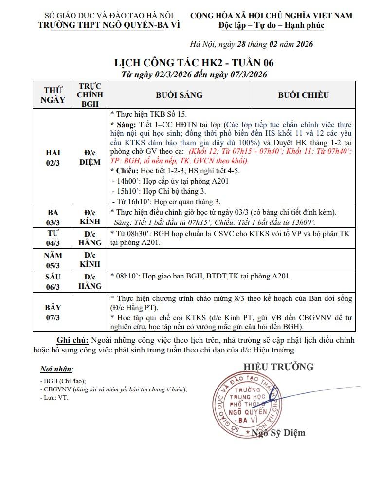 LỊCH CÔNG TÁC HK2 - TUẦN 06 Từ ngày 02/3/2026 đến ngày 07/3/2026