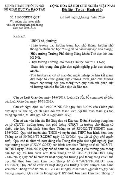 Hà Nội ban hành Hướng dẫn tuyển sinh vào lớp 10 trung học phổ thông năm học 2026-2027