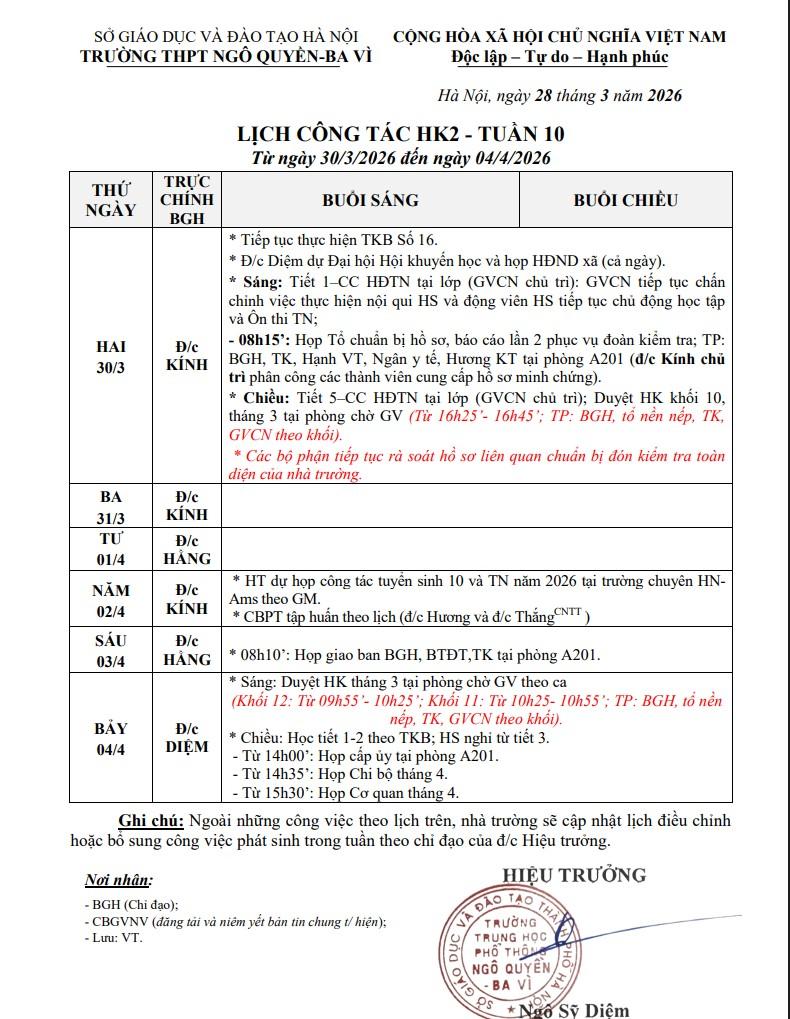 LỊCH CÔNG TÁC HK2 - TUẦN 10 Từ ngày 30/3/2026 đến ngày 04/4/2026