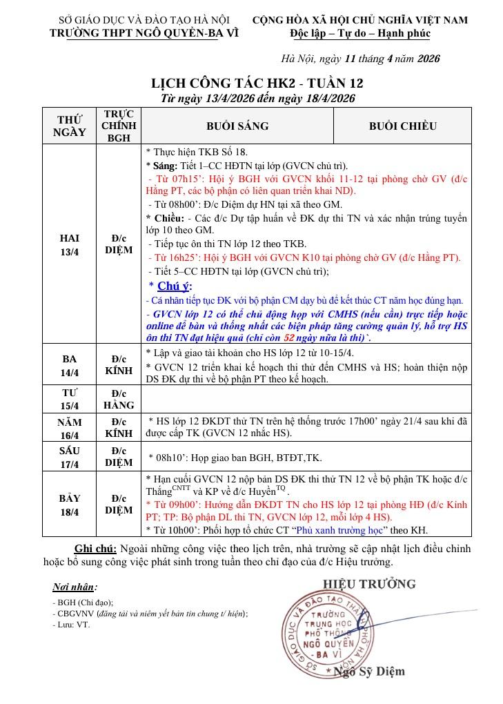 LỊCH CÔNG TÁC HK2 - TUẦN 12  Từ ngày 13/4/2026 đến ngày 18/4/2026