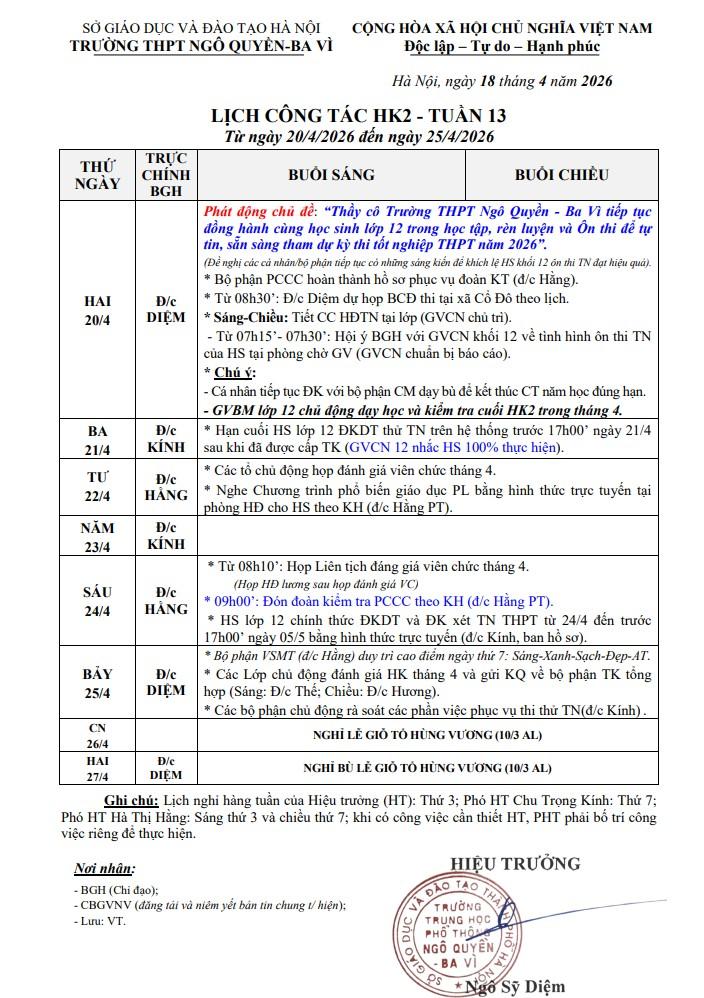 LỊCH CÔNG TÁC HK2 - TUẦN 13 Từ ngày 20/4/2026 đến ngày 25/4/2026