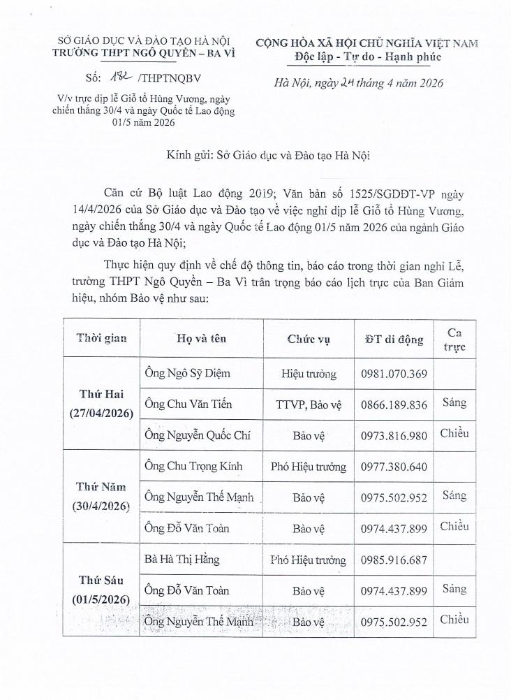Lịch trực dịp lễ Giỗ tổ Hùng Vương, ngày chiến thắng 30/4 và ngày Quốc tế Lao động 01/5 năm 2026