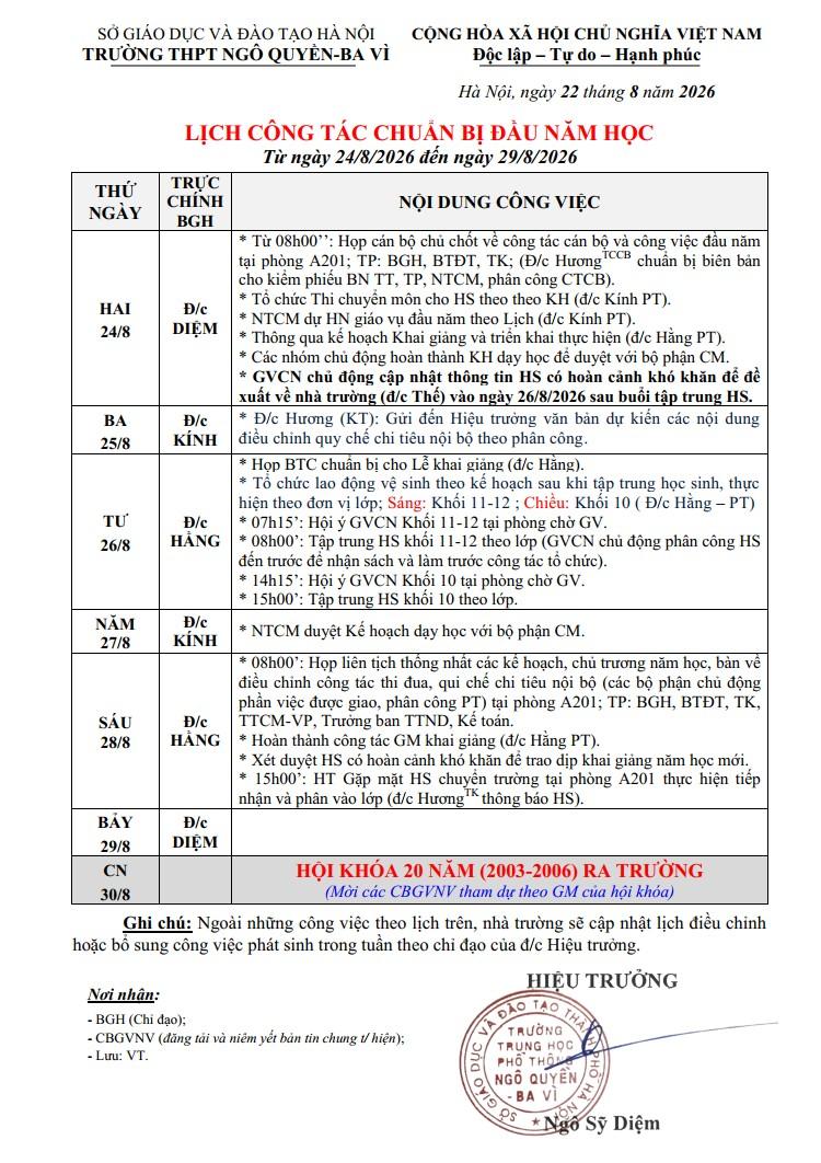 LỊCH CÔNG TÁC CHUẨN BỊ ĐẦU NĂM HỌC Từ ngày 24/8/2026 đến ngày 29/8/2026
