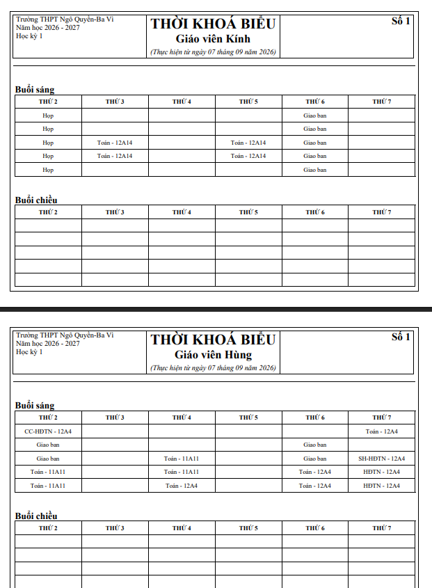 TKB Giáo viên số 1. Áp dụng từ ngày 07/9/2026