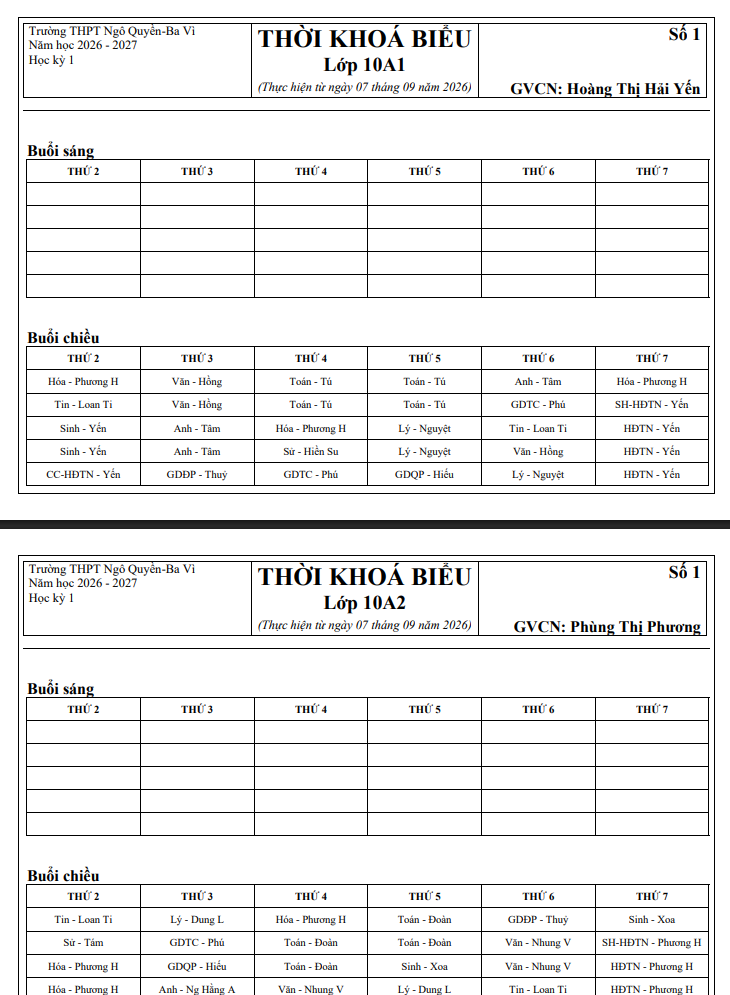 TKB Học sinh số 1. Áp dụng từ ngày 07/9/2026