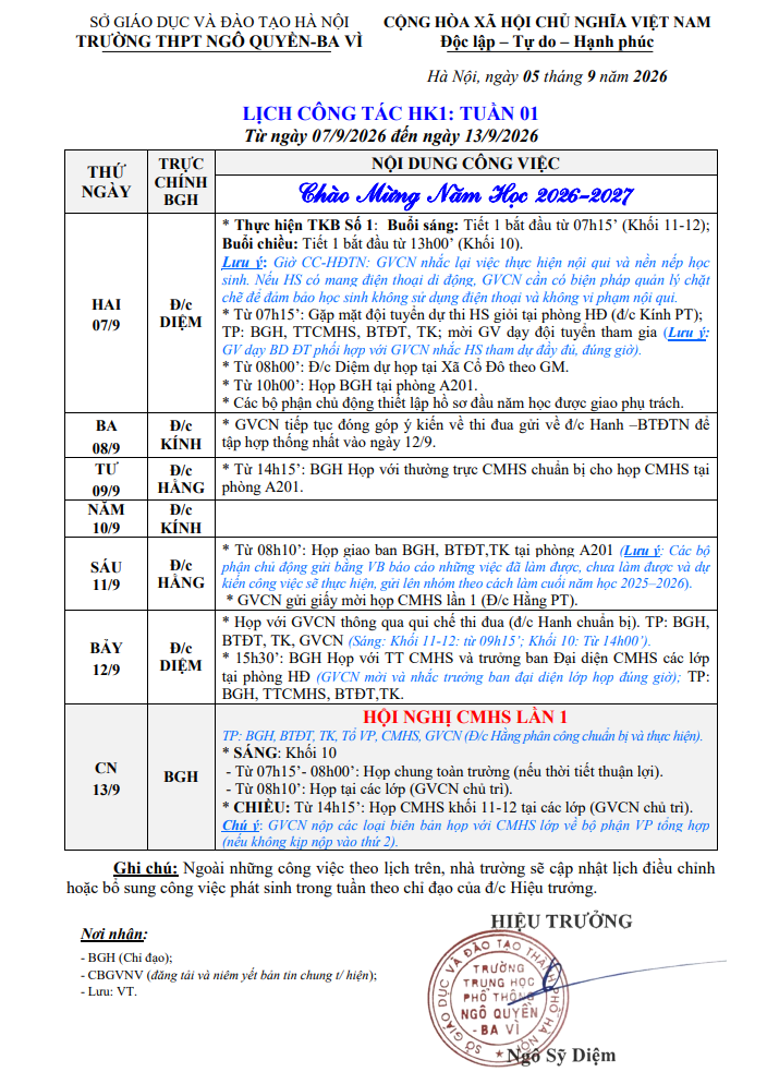 LỊCH CÔNG TÁC HK1: TUẦN 01 Từ ngày 07/9/2026 đến ngày 13/9/2026
