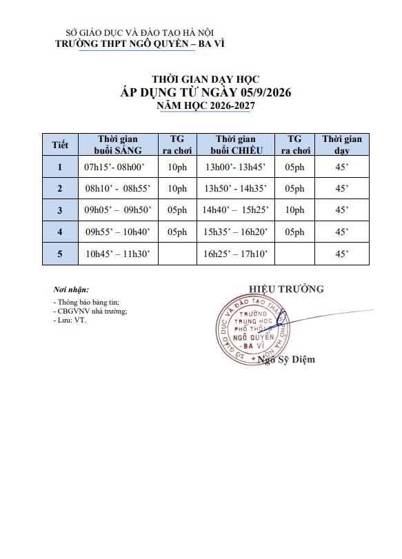 THỜI GIAN DẠY HỌC ÁP DỤNG TỪ NGÀY 05/9/2026 NĂM HỌC 2026-2027