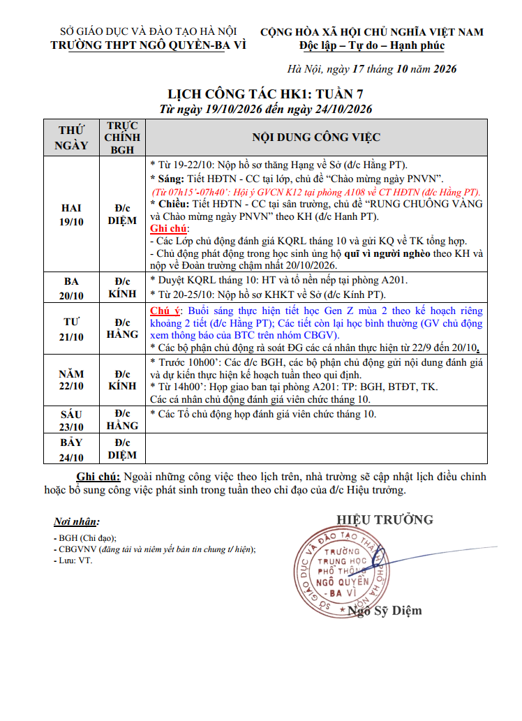 LỊCH CÔNG TÁC HK1: TUẦN 7 Từ ngày 19/10/2026 đến ngày 24/10/2026