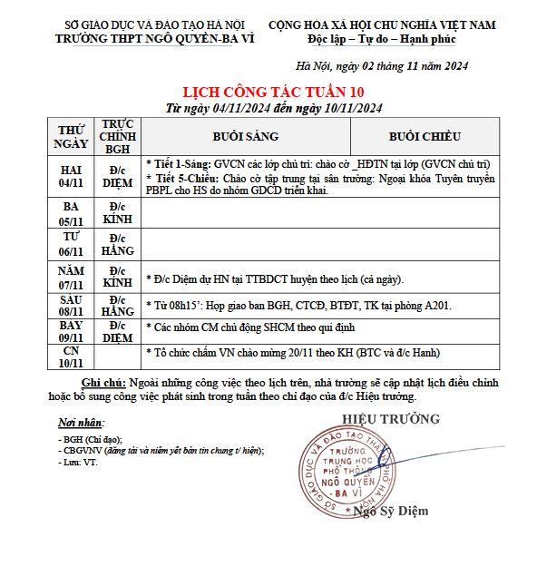 LỊCH CÔNG TÁC TUẦN 10 Từ ngày 04/11/2024 đến ngày 10/11/2024