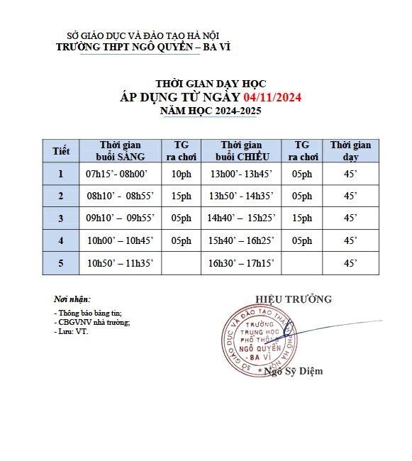 THỜI GIAN DẠY HỌC ÁP DỤNG TỪ NGÀY 04/11/2024 NĂM HỌC 2024-2025