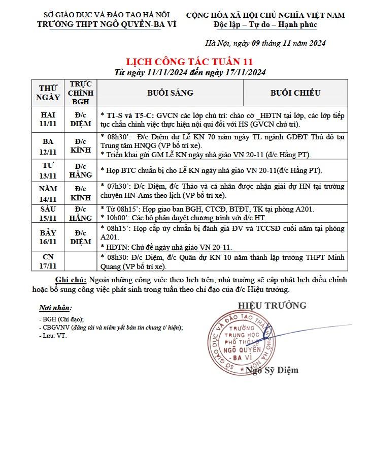 LỊCH CÔNG TÁC TUẦN 11 Từ ngày 11/11/2024 đến ngày 17/11/2024