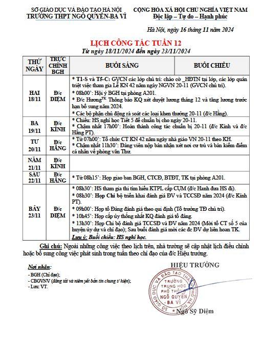 LỊCH CÔNG TÁC TUẦN 12 Từ ngày 18/11/2024 đến ngày 23/11/2024