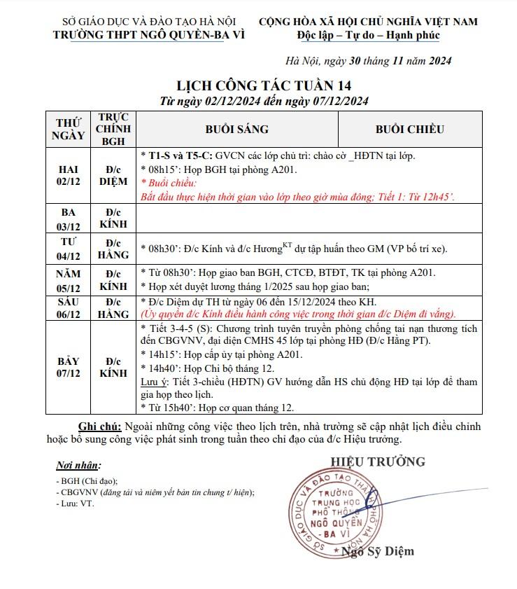 LỊCH CÔNG TÁC TUẦN 14 Từ ngày 02/12/2024 đến ngày 07/12/2024