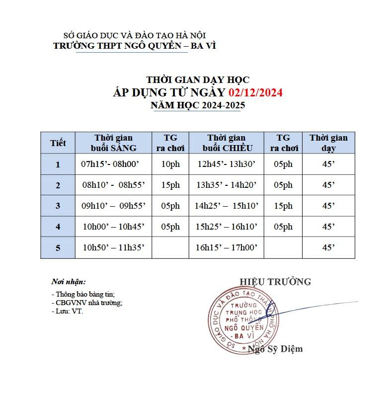 THỜI GIAN DẠY HỌC ÁP DỤNG TỪ NGÀY 02/12/2024 NĂM HỌC 2024-2025