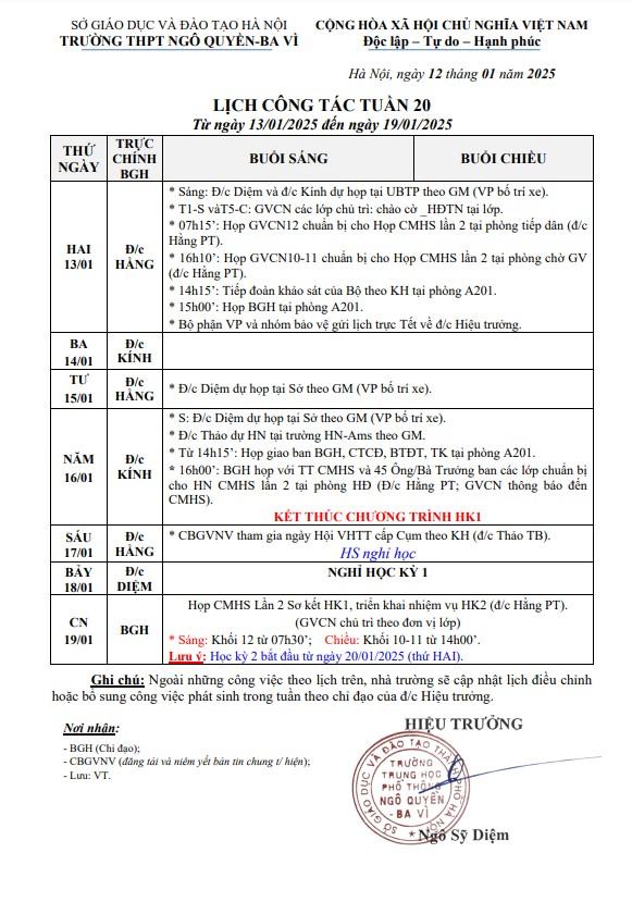 LỊCH CÔNG TÁC TUẦN 20 Từ ngày 13/01/2025 đến ngày 19/01/2025