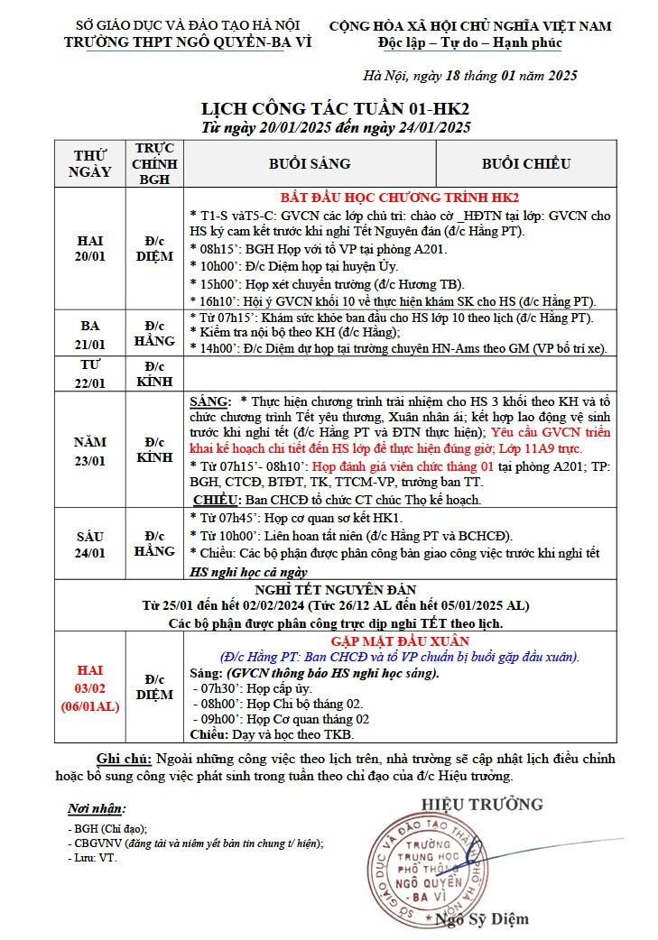 LỊCH CÔNG TÁC TUẦN 01-HK2 Từ ngày 20/01/2025 đến ngày 24/01/2025