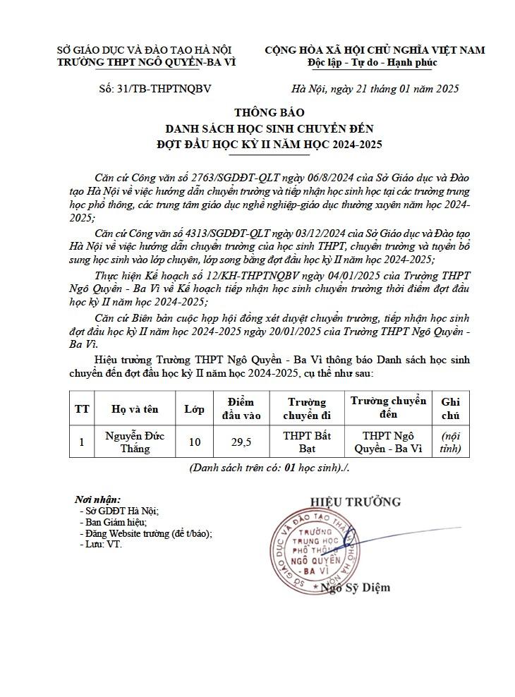 THÔNG BÁO DANH SÁCH HỌC SINH CHUYỂN ĐẾN ĐỢT ĐẦU HỌC KỲ II NĂM HỌC 2024-2025