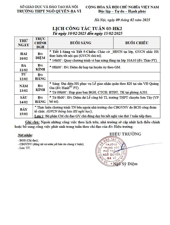 LỊCH CÔNG TÁC TUẦN 03-HK2 Từ ngày 10/02/2025 đến ngày 15/02/2025