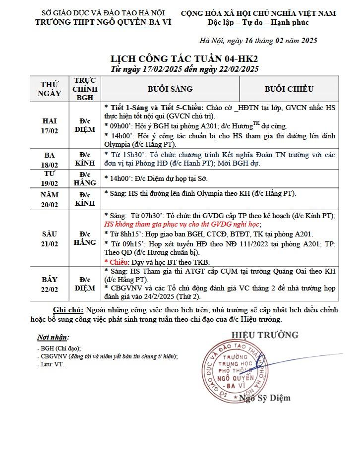 LỊCH CÔNG TÁC TUẦN 04-HK2 Từ ngày 17/02/2025 đến ngày 22/02/2025