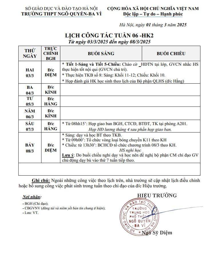 LỊCH CÔNG TÁC TUẦN 06 -HK2 Từ ngày 03/3/2025 đến ngày 08/3/2025