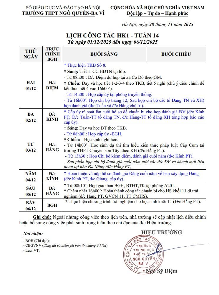 LỊCH CÔNG TÁC HK1 - TUẦN 14 Từ ngày 01/12/2025 đến ngày 06/12/2025