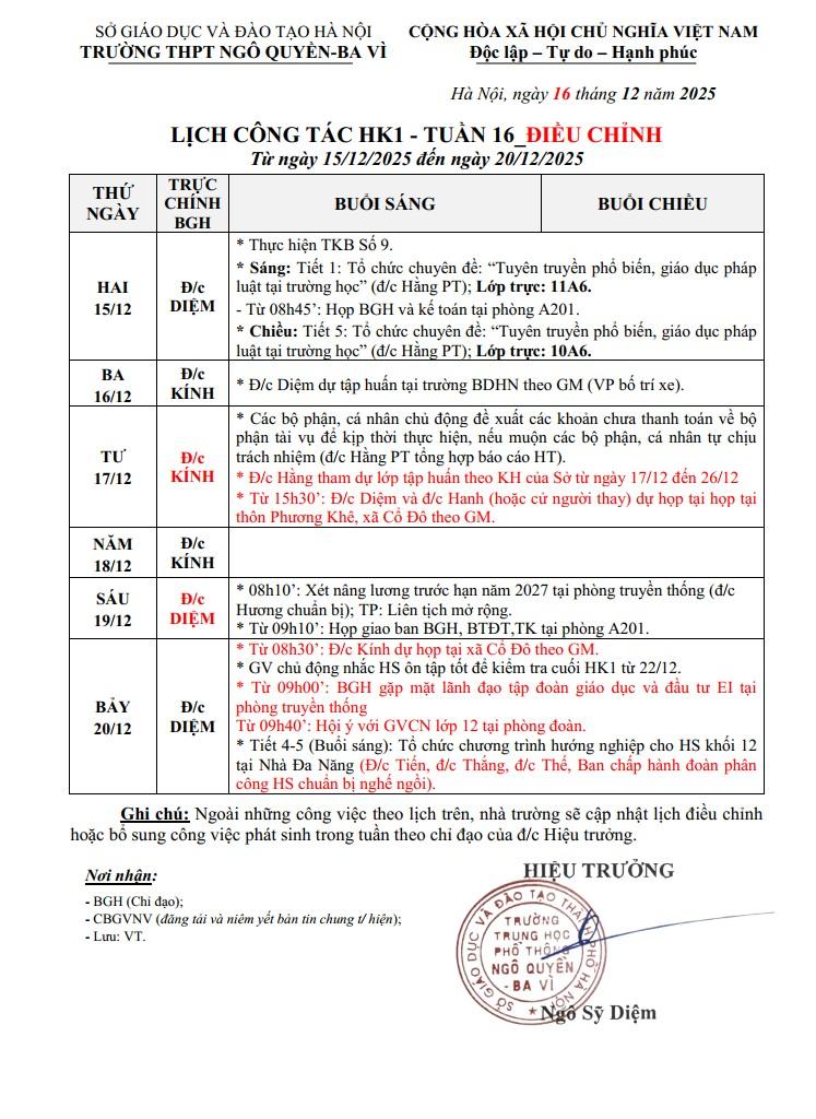 LỊCH CÔNG TÁC HK1 - TUẦN 16 Từ ngày 15/12/2025 đến ngày 20/12/2025
