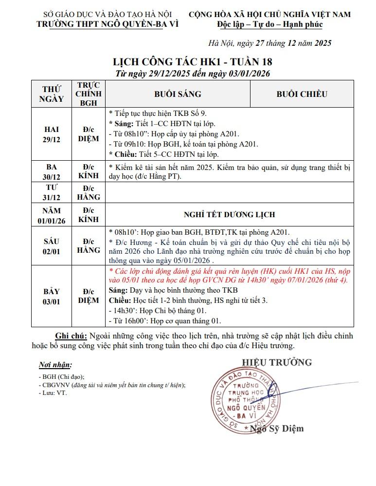 LỊCH CÔNG TÁC HK1 - TUẦN 18 Từ ngày 29/12/2025 đến ngày 03/01/2026