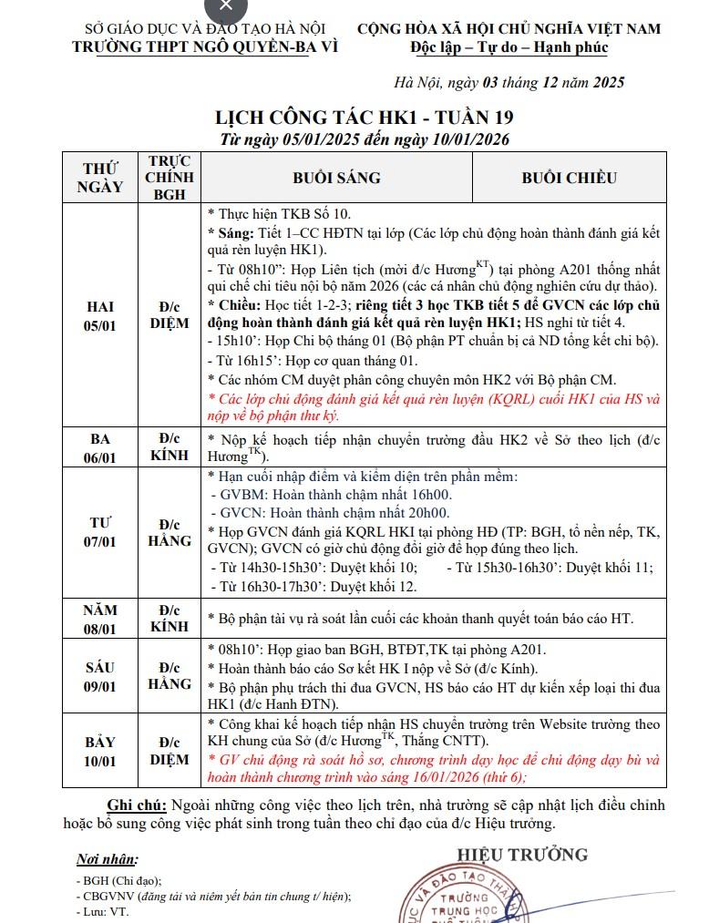 LỊCH CÔNG TÁC HK1 - TUẦN 19 Từ ngày 05/01/2025 đến ngày 10/01/2026