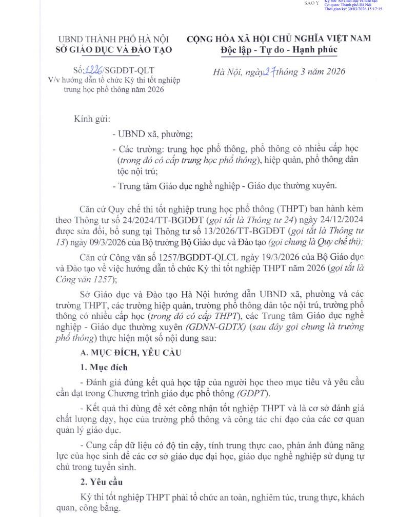 Công văn 1226 về việc hướng dẫn tổ chức Kỳ thi tốt nghiệp trung học phổ thông năm 2026