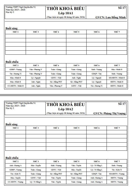 TKB học sinh số 17 Áp dụng từ ngày 06 tháng 04 năm 2026