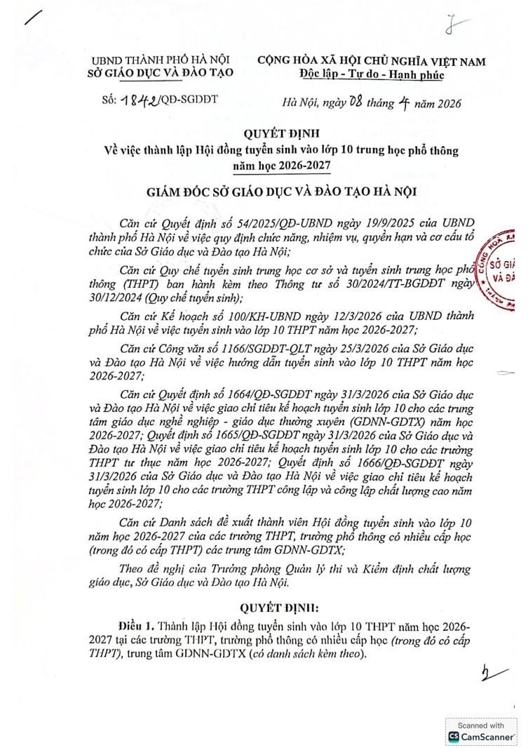 Quyết định Về việc thành lập Hội đồng tuyển sinh vào lớp 10 trung học phỗ thông