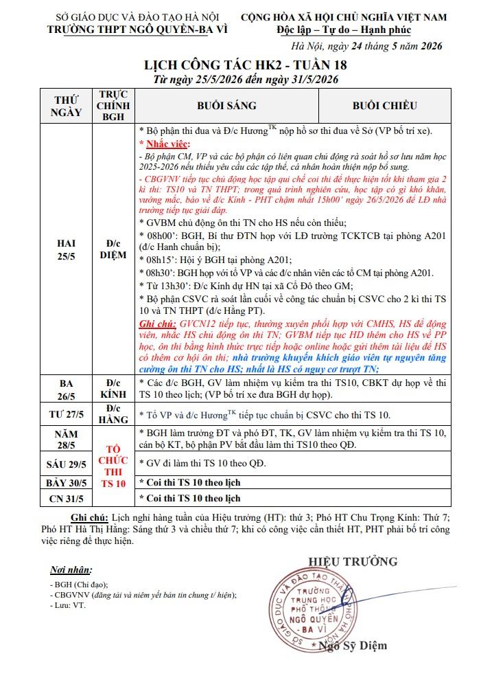 LỊCH CÔNG TÁC HK2 - TUẦN 18 Từ ngày 25/5/2026 đến ngày 31/5/2026