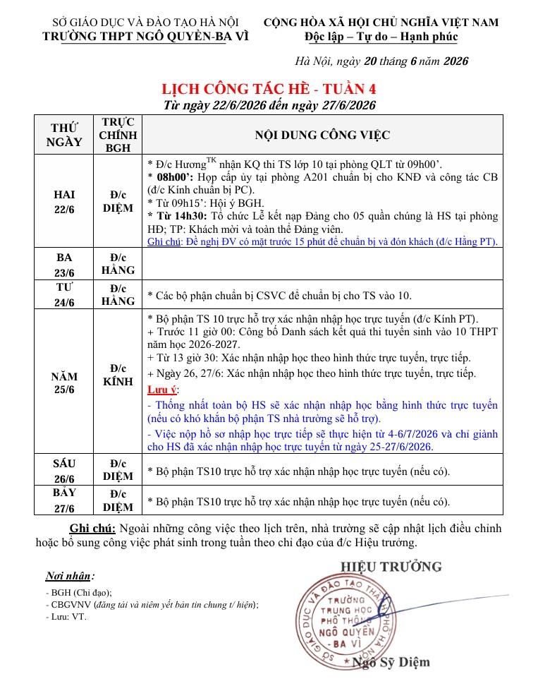 LỊCH CÔNG TÁC HÈ - TUẦN 4 Từ ngày 22/6/2026 đến ngày 27/6/2026