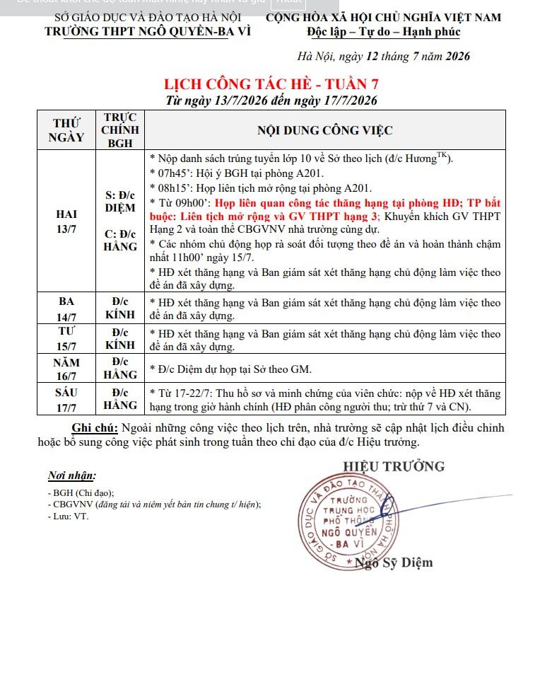 LỊCH CÔNG TÁC HÈ - TUẦN 7 Từ ngày 13/7/2026 đến ngày 17/7/2026