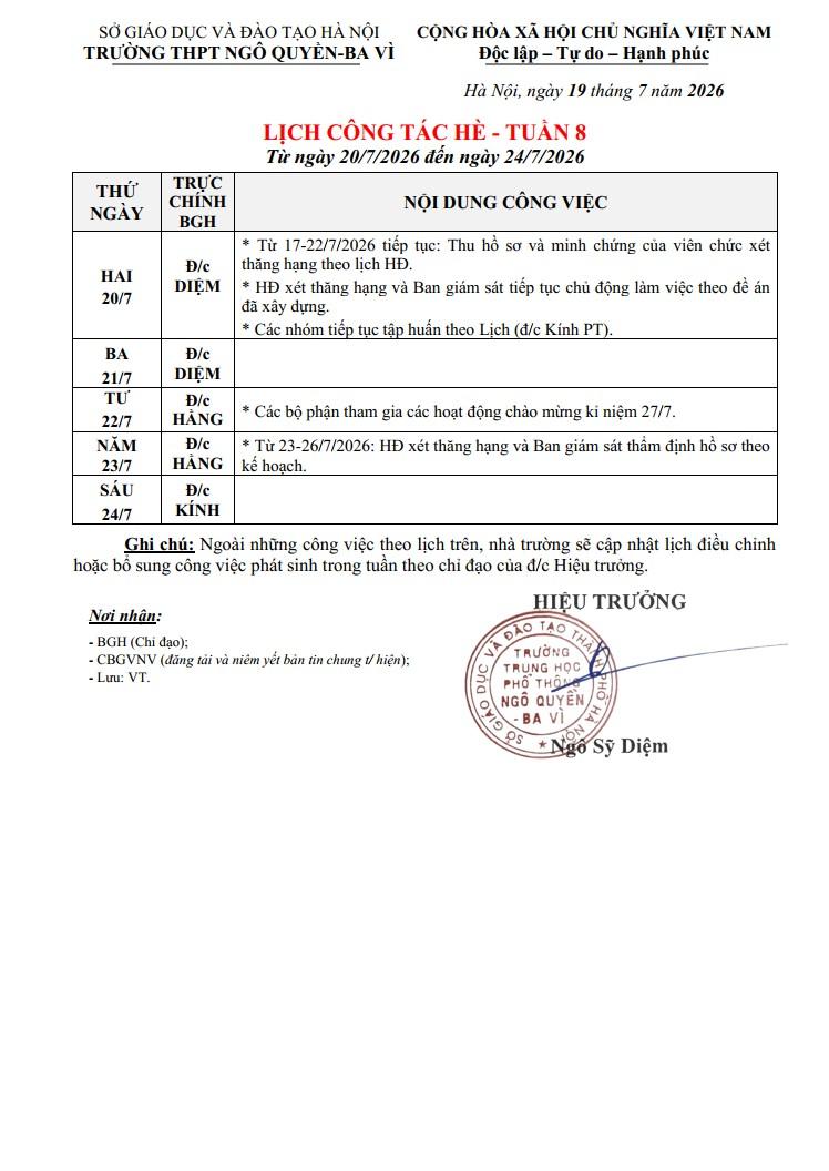 LỊCH CÔNG TÁC HÈ - TUẦN 8 Từ ngày 20/7/2026 đến ngày 24/7/2026