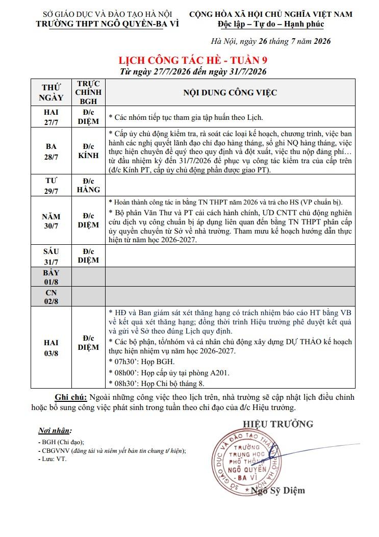 LỊCH CÔNG TÁC HÈ - TUẦN 9 Từ ngày 27/7/2026 đến ngày 31/7/2026