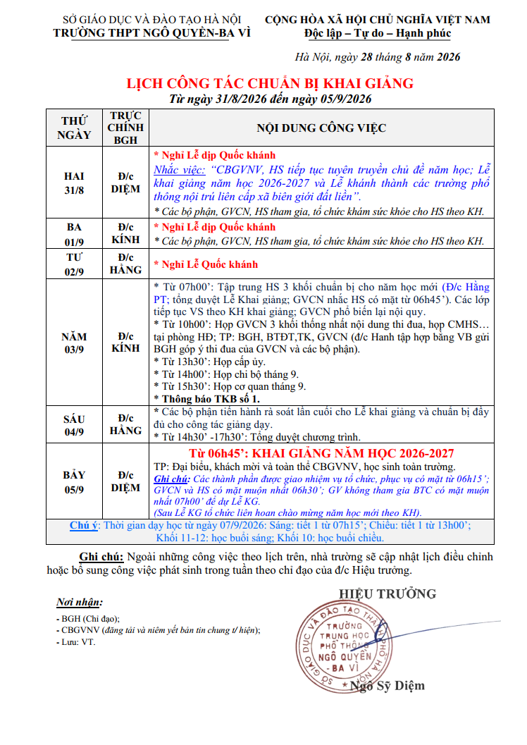 LỊCH CÔNG TÁC CHUẨN BỊ KHAI GIẢNG Từ ngày 31/8/2026 đến ngày 05/9/2026